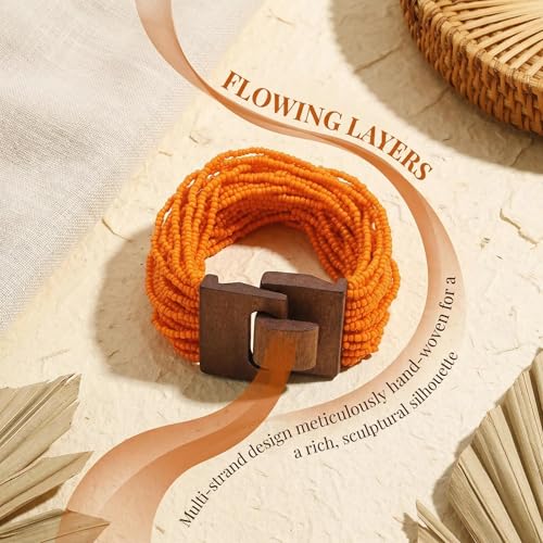 Multi Layers Seed Beads Wide Bangle Strand Bracelet for Women (BR1167)… - color: Orange