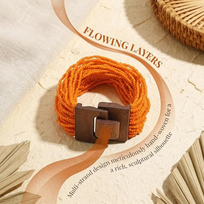 Multi Layers Seed Beads Wide Bangle Strand Bracelet for Women (BR1167)… - color: Orange
