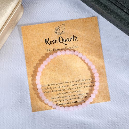 MAIBAOTA Healing Crystal Bracelet for Women Men, 8/4 mm Natural Stone Beaded Bracelets, Jewelry Birthday Gifts, Round Gemstones Stretch Bracelets - color: Pink-Rose Quartz, size: 4 mm