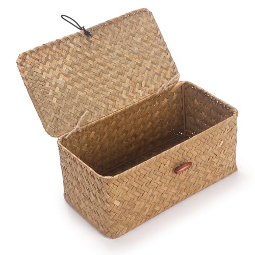 Rectangular Handwoven Seagrass Small Storage Basket with Lid for Shelves and Home Organizer Bins,S (10.2"x5.5"x4.3"H), Natural - size: S (10.2"x5.5"x4.3"H)