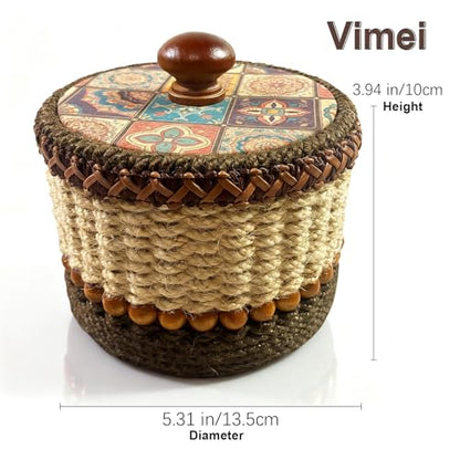 Handwoven Bohemian Hemp Rope Jewelry Box, Rustic Artisanal Dresser Storage Organizer with Wooden Lid, Boho Home Decor Gift for Women