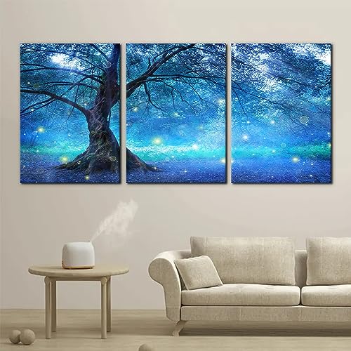 Pacimo Canvas Wall Art Print Fairy Tree in Blue Forest Landscape Painting Wall Decor for Living Room Home Decoration Forest Nature Gallery Wrapped Posters and Prints Ideal Gifts - 20" x 28" x 3 Panels - color: Wallart-06, size: 20" x 28" x 3 panels