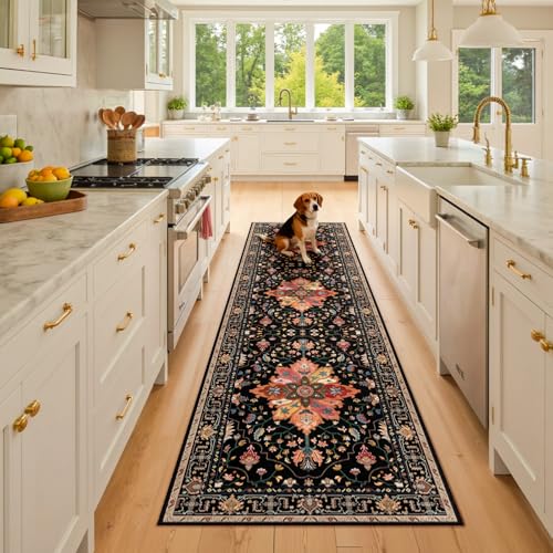 RELEANY Area Rugs Runner 2'6"x8' Washable Non-Slip, Floral Vintage Distress Medallion Carpet for Kitchen Hallway Bedroom Beside Laundry Room Bathroom, Black Colorful Floral Dark Tan - color: Black/Colorful, size: 2'6" X 8' (Runner)