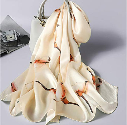 100% Mulberry Silk Long Scarf for Women Large Shawls for Headscarf and Neck- Oblong Hair Wraps with Gift Packed - color: Off-white Calla