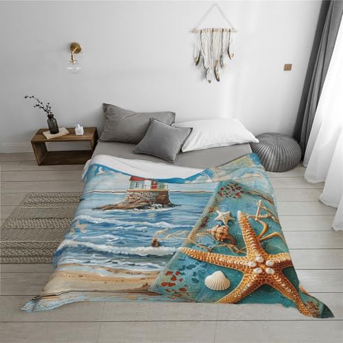 Flannel Throw Blanket 50x40 Inch, Beach Prints Anti-Pilling Warm Fuzzy Blankets for Bed Sofa Couch Travel - color: Beach, size: 50x40 Inch