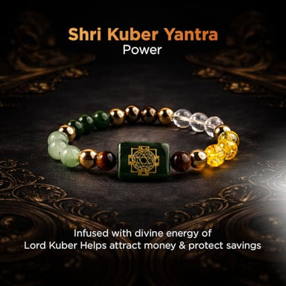 Natural Healing Dhan Yog Bracelets For Men & Women Certified Gemstone 8mm Beads for Money Magnet & Wealth Attraction, Prosperity, Success, Protection, Luck, Stress Relief & Emotional Balance DhanYog Bracelet - color: Kuber Dhanyog + 7 Chakra Selenite Plat