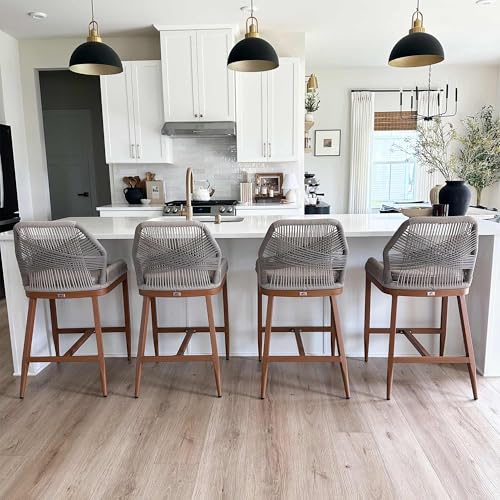 PURPLE LEAF Counter Height Bar Stools Set of 4 Rattan Chair Boho Wicker Metal Counter Stools with Back and Footrest Patio Seating Modern Garden Pool Outdoor Barstools - color: Classic/Deep Teak, size: 4pc-24.8"h