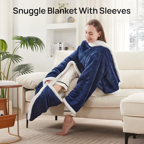 Westinghouse Electric Snuggle Throw Blankets with Foot Pocket, Wearable Heated Blanket with Sleeves, 6 Heating Levels & 2 to 10 Hours Heating Time Settings, 50 * 70"+18", Navy - color: Navy Blue&ivory, size: 70*50" Heated Snuggle Blanket