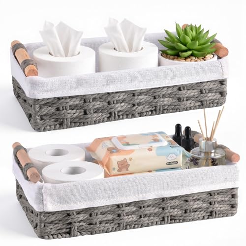 HomeHacks 2 Pack Storage Basket Paper Rope Baskets for Organizing with Handle Decorative Storage Bins for Countertop Toilet Paper Basket for Toilet Tank Top Small Baskets, Grey