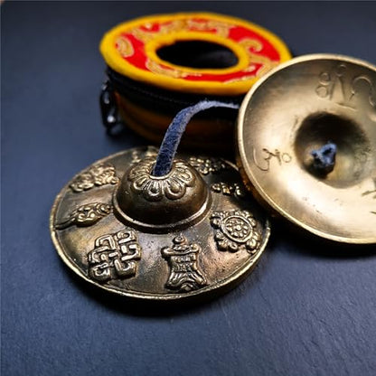 Tibetan Tingsha Bell Set - Tibetan Cymbals - for Sound Healing, Yoga, Meditation, and Mindfulness,Handmade in Nepal,Made of Brass,Astamangal Pattern,6.5cm/2.6 inch - color: 3-Brass-Astamangal-6.5cm
