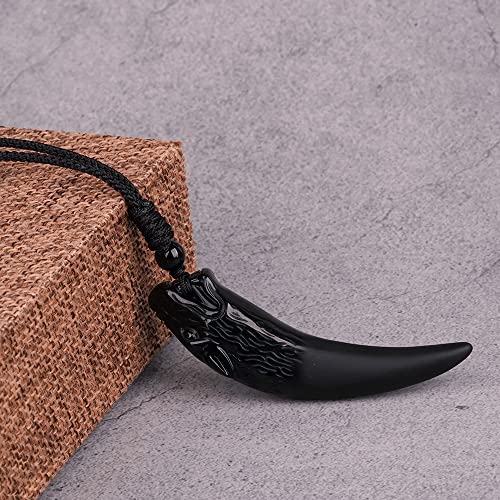 Black Obsidian Necklace Natural Crystal Amulet Protection Pendant with Adjustable Rope Lucky Talisman Necklaces Jewelry Gift for Men Women - color: WolfTooth Black