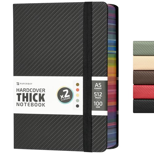 A5 Hardcover Thick Notebook 500 Pages, 5.7 x 8.3 inch Big Daily 365 Women or Men Journal for Writing with Spray Edges, Lined Paper Diary Journaling Notebook for Work (Black) - color: Black