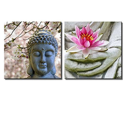 wall26 Two Piece Canvas - Buddha Statue with Cherry Blossoms and a Lotus on 2 Panels - Canvas Art Home Art - 12x12 inches - color: Buddha Statue, size: 12" x 12" x 2 panels