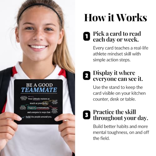 Athlete Motivation Cards – 52 Athlete Mindset Cards for Confidence, Mental Toughness & Discipline – Daily Motivation for Athletes & Coaches – Includes Wooden Display Stand - style: Athlete Mindset