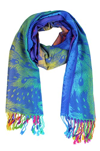 PASKMLNA Double Side Multi Colors Silky Tropical Colorful Exotic Pashmina Wrap Shawl Scarf Rave - color: 050-royal Blue Multi Feathers