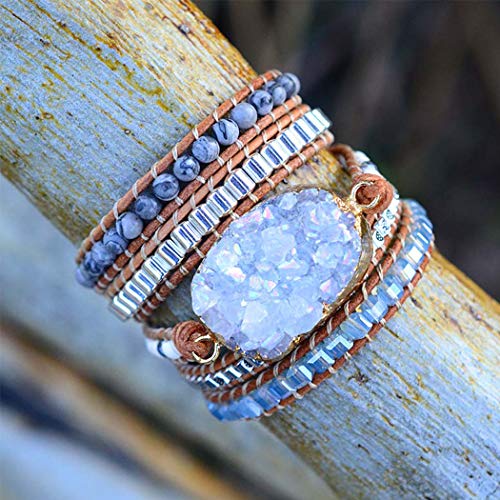 Boho Wrap Bracelet for Women, Handmade Natural Imperial Jasper Multi-Layer Stone Beaded Bracelet, Bohemian Healing Crystal Stone Jewelry Gifts - color: Quartz Druzy