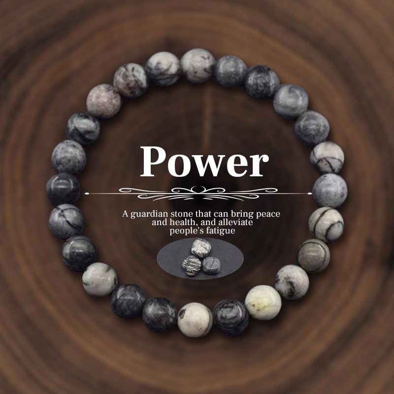 Natural Stone Beaded Bracelets for Women Men - 8MM Semi-Precious Stones Bracelets Adjustable Crystal Beads Stretch Bracelet - color: Black Picasso Jasper