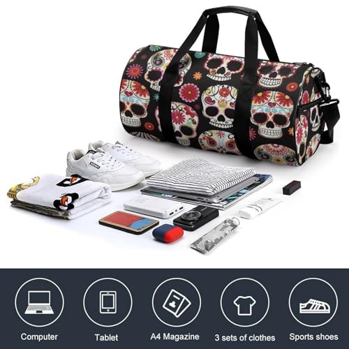 Sugar Skull Art Cylindrical Portable Fitness Bag, Large Capacity Handbag - color: Sugar Skull art
