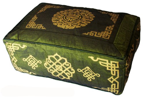Meditation Cushion - Rectangular Zafu Buckwheat and Kapok Fill Longevity Dharma Key Green - color: Green Longevity Dharma Key