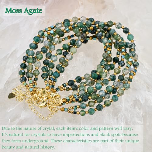 Farfume Beaded Bracelets for Women, Chakra Crystal 4mm Beads Gemstone Natural Stone Bead Spiritual Jewelry Gifts for Women - color: Green Moss Agate-Inner Harmony