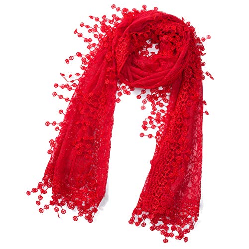 Cindy and Wendy Lightweight Soft Leaf Lace Fringes Scarf Bridal Veils shawl for Women - color: Red-2