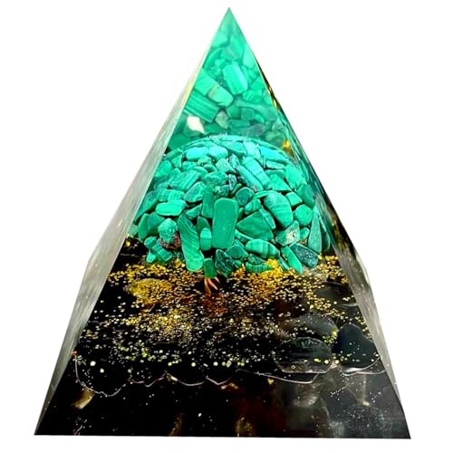 Tree of Life Orgone Pyramid,Natural Malachite&Obsidian Orgonite Healing Crystal Pyramid,Crystal Stone Positive Reiki Energy Generator Collection Wealth Lucky Meditation Tool(6cm) - color: Black Green