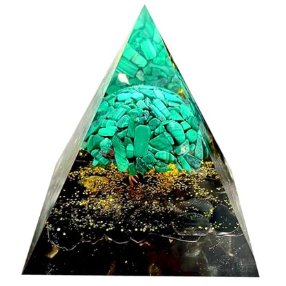 Tree of Life Orgone Pyramid,Natural Malachite&Obsidian Orgonite Healing Crystal Pyramid,Crystal Stone Positive Reiki Energy Generator Collection Wealth Lucky Meditation Tool(6cm) - color: Black Green