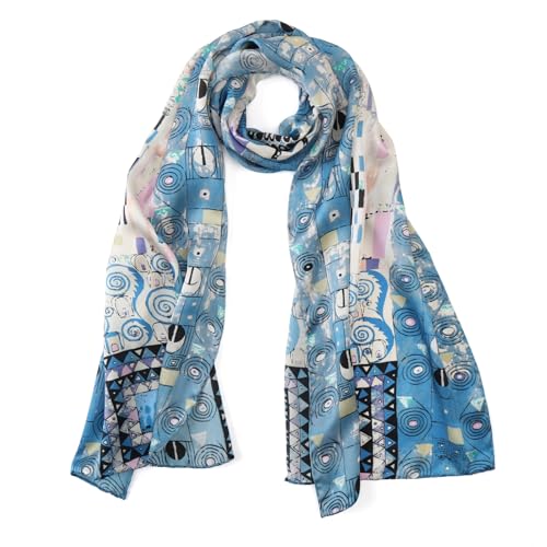 JWSilk Long Charmeuse Silk Scarf Classic Art Print - color: Tree of Life By Gustav Klimt Blue