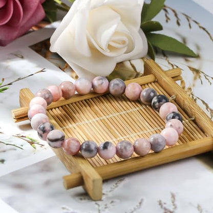 Natural Gemstones Bracelet 8mm Chakra Round Beads Energy Power Crystal Reiki Healing Elastic Stretch 7 Inch for Women Men Unisex - color: Pink Zebra Jasper
