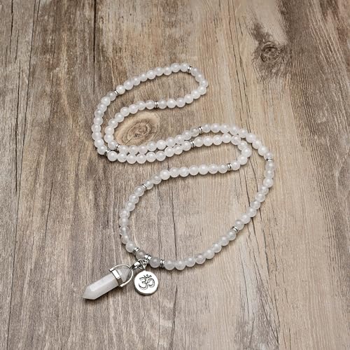 Natural Japa Mala 108 Beads Bracelet Necklace Meditation Accessories with om Chram and Reiki Quartz Hexagonal Prism Pendant - style: White Jade
