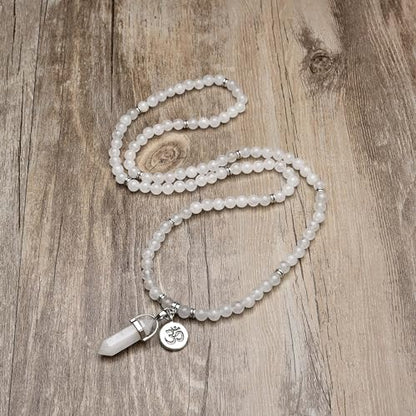 Natural Japa Mala 108 Beads Bracelet Necklace Meditation Accessories with om Chram and Reiki Quartz Hexagonal Prism Pendant - style: White Jade