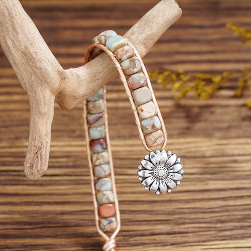 Women Boho Handmade Natural Stone Crystal Leather Bead Wrap Bracelets Collection - style: Agalmatolite 1W