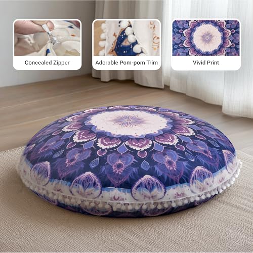 Meditation Cushion 32 Inch Round, Large Floor Pillow Seating for Adults, Bohemian Mandala Yoga Cushion, Extra Thick Memory Foam Removable Washable Cover, Ideal Gift & Holiday Decor, Purple
