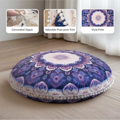 Meditation Cushion 32 Inch Round, Large Floor Pillow Seating for Adults, Bohemian Mandala Yoga Cushion, Extra Thick Memory Foam Removable Washable Cover, Ideal Gift & Holiday Decor, Purple