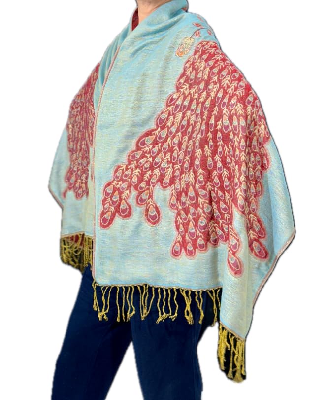 Boho LUXURY Wool Prayer Shawl Large Reversible Pashmina Blue Red metallic gold Peacock Silk Scarf nyc Travel Blanket Winter YOGA Wraps Elegant Meditation blanket Bohemian unisex in Autumn PREMIUM wrap