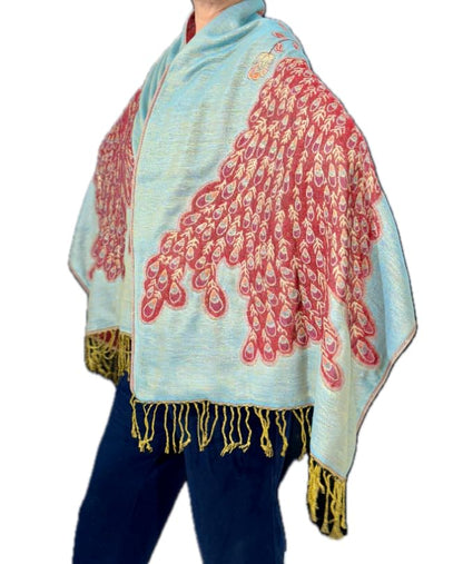 Boho LUXURY Wool Prayer Shawl Large Reversible Pashmina Blue Red metallic gold Peacock Silk Scarf nyc Travel Blanket Winter YOGA Wraps Elegant Meditation blanket Bohemian unisex in Autumn PREMIUM wrap