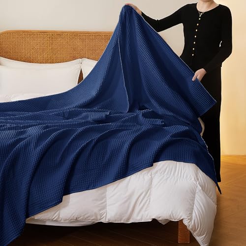 100% Cotton Waffle Blanket (Navy Blue - Throw Size - 50 * 60''), Pre-Washed and Anti-Shrinkage Soft Lightweight Bed & Couch Blanket, 380 GSM Waffle Weave Throw Blanket for All Seasons - color: Navy Blue, size: Throw (50"*60")