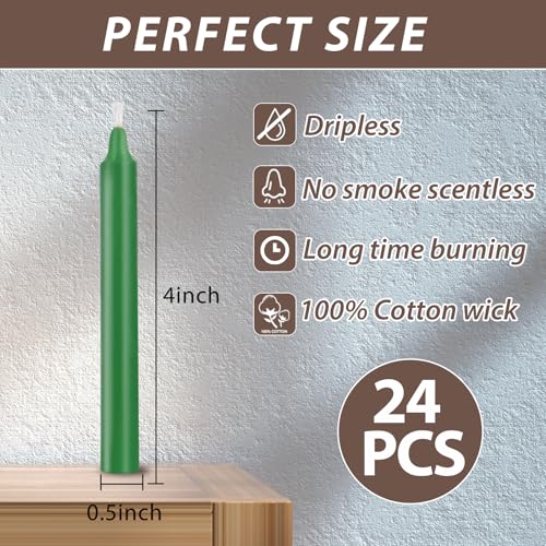 24 Pack Green Spell Chime Candles – Premium Mini Unscented Taper Candles for Rituals, Prayer, Meditation, Altar, Spells – 4" Tall – Ideal for Witches & Spiritual Practices - color: Green