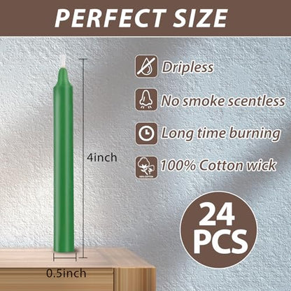 24 Pack Green Spell Chime Candles – Premium Mini Unscented Taper Candles for Rituals, Prayer, Meditation, Altar, Spells – 4" Tall – Ideal for Witches & Spiritual Practices - color: Green