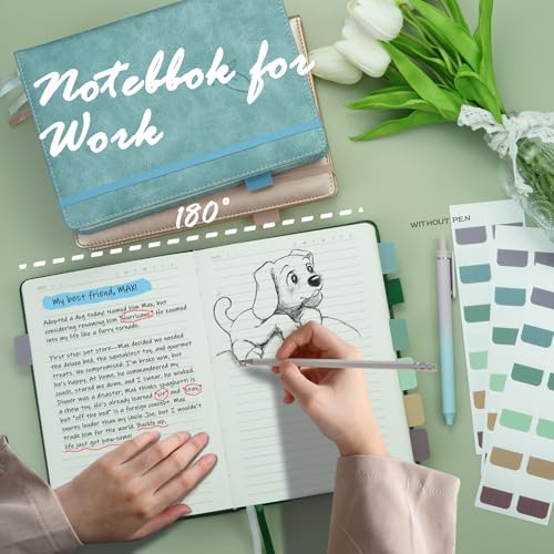 Lined Journal Notebook, 400 Pages Thick Journal for Writing, A5 Hardcover Leather Notebook with 100Gsm College Ruled Paper for Women Men Work Note taking, 5.8" x 8.4", Green