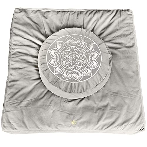 Florensi Meditation Cushion & Zabuton Meditation Mat Bundle- Premium Velvet Meditation Pillow for Women and Men,Washable Cover, Buckwheat Round Floor Pillow & 100% Cotton Square Floor Cushion