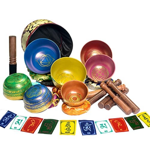 Tibetan Singing Bowl Set Of 7, Authentic 7 Metals, 7 Chakra Colors Mantra Chant Decorated Himalayan Singing Bowl For Chakra Healing, Meditation, Deep Relaxation, Stress Relief, Handmade In Nepal