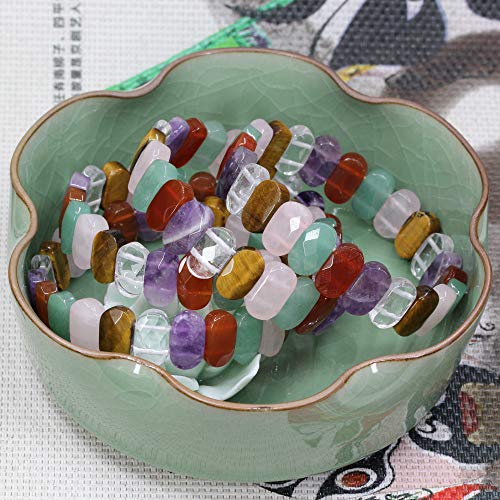 Keleny Semi Precious Stones 14mm Faceted Oval Beads Crystal Rock Elastic Bangle 7.5 Inch - color: Assorted Stones