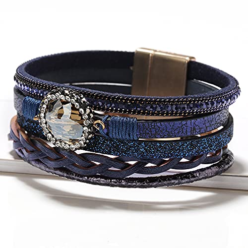 Fesciory Leopard Bracelet for Women, Boho Leather Wrap Multi-Layer Pearl Crystal Bracelet Bangle Jewelry - style: Crystal Leather(Blue)