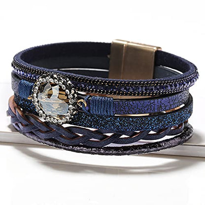Fesciory Leopard Bracelet for Women, Boho Leather Wrap Multi-Layer Pearl Crystal Bracelet Bangle Jewelry - style: Crystal Leather(Blue)