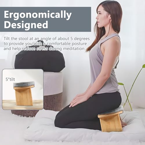 Prayer Bench, Foldable Bamboo Yoga Bench with Cushion and Carry Bag Ergonomic Kneeling Stool for Indoor Outdoor Sitting Thinking(Grey) - color: Grey