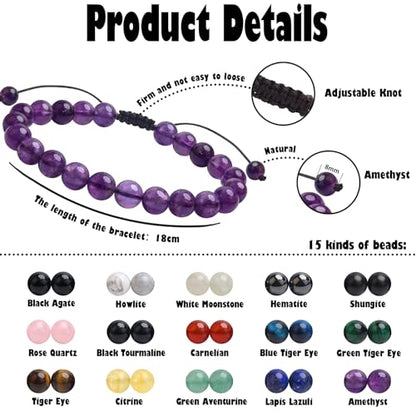 BONNY BOXX Braided Genuine Bracelet, Elegant Handcrafted Natural Gemstone Crystal Bracelet Healing Power Energy Inspirational Gifts with Card for Unisex - color: Amethyst, size: 8MM