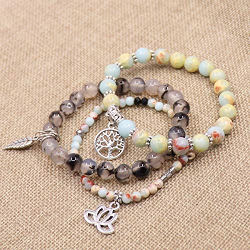 Tree of Life Yoga Healing Stone Bracelets,Multilayer Lotus Chakra Stone Reiki Bracelet Sets,Anxiety Crystal Natural Stone,for Women Stress Relief - style: Light cyan + Dragon pattern Stone