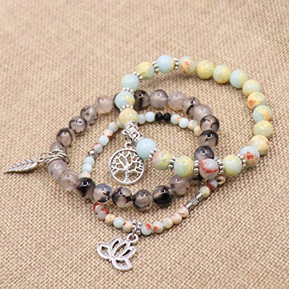 Tree of Life Yoga Healing Stone Bracelets,Multilayer Lotus Chakra Stone Reiki Bracelet Sets,Anxiety Crystal Natural Stone,for Women Stress Relief - style: Light cyan + Dragon pattern Stone