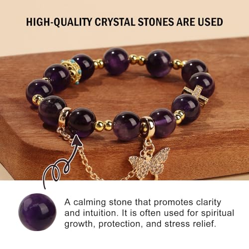 Natural Bead Bracelet 10mm Healing Crystal Bracelet for Women & Men Feng Shui Good Luck Meditation Buddhist Jewelry Handmade Stone Beaded Jewelry for Gift - color: Amethyst